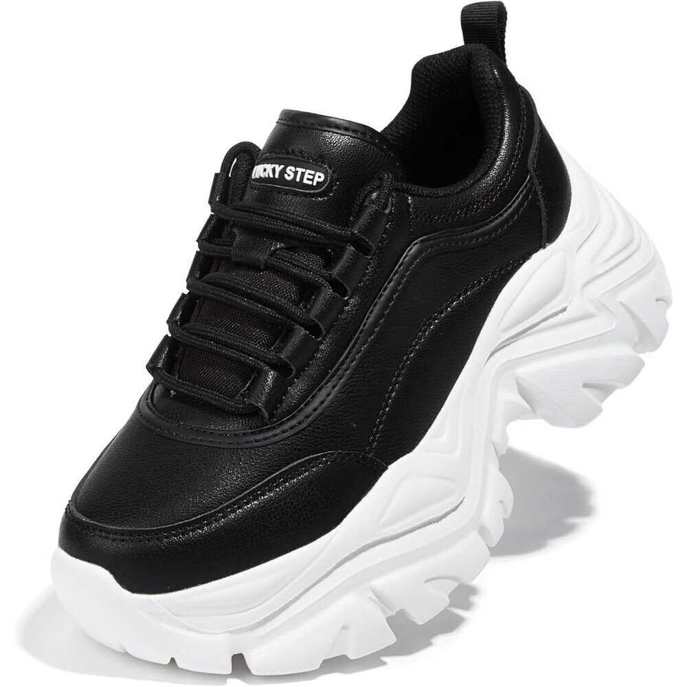 Women's Black/White Chunky Rubber Platform Casual Lace-Up Walking Sneaker Shoes